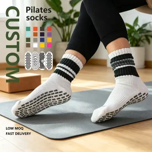 Women’s Mid Calf Anti Slip Knitted Yoga Socks Slouch Yoga Pilates Crew Socks Autumn Striped Yoga Grip SOck Custom Logo