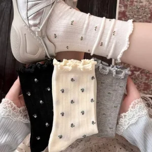 Women’s Mid Calf Lace Floral Socks Thin Sweat Absorbent Polyester Spandex Spring Summer Black White Women Socks