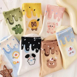 Womens Mid-Calf Socks Spring/Summer New Arrivals Versatile Stylish Trendy Cartoon Print Sweat-Absorbent Socks