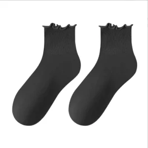 Women’s Mid-Calf Socks with Lace Thin Style Solid Color Cotton Socks for Spring and Summer