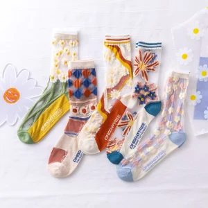 Women’s Mid-calf Socks Summer Women’s High-top Lace Mesh Breathable Thin Glass Fiber Socks Crystal Socks Thin Style