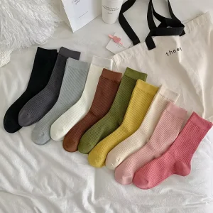 Women’s Mid-calf Socks in Candy Color Versatile for Autumn and Winter Vertical Striped Solid Color Trendy Long Socks