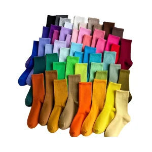 Women’s Modern Cotton Crew Length Mid Tube Socks Colorful Solid Candy Colors for Spring Autumn Winter Knitted Technique Body