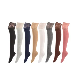 Women’s New Style Over the Knee Lace High Thigh Socks Spring Autumn Cotton Breathable Knitted Vertical Stripe Non Slip Stockings