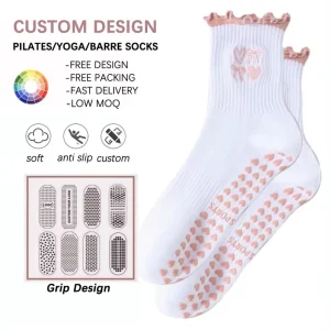 Women’s Non Slip Socks Spring Sweet Pink Embroidered Bow Girl Pleated Lace Yoga Pilates Socks