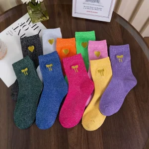 Women’s Novelty Glitter Socks Sparkly Metallic Casual Ladies Bright Retro Piles Socks