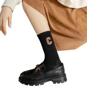 Women’s One Size Casual Winter Crew Socks Cotton Spandex Polyester Sweat Absorbent Deodorant Cushion Knitted with Letter Pattern