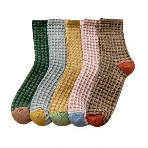 Women’s Plaid Textured Socks Comfortable Breathable All-Match Crew Length Knitted Technique Socks