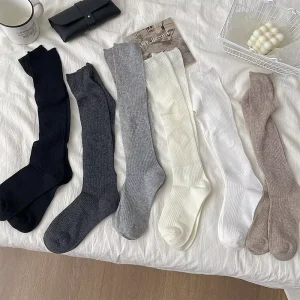 Women’s Plain Long Tube Slouch Socks Solid Color Thin Rib Calf Socks