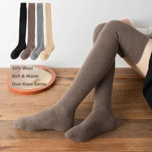 Women’s Plus Warm Thigh High Socks for Winter 10% Wool Knitted Ribbed Leg Warmers Over the Knee Stockings for Girls Preppy Socks