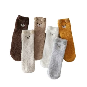 Women’s Plush Crew Socks Breathable Polyester Fleece-Lined Thick Winter Socks with Animal Bear Design for Home Floor Use