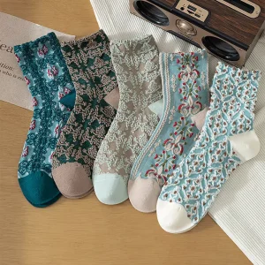 Women’s Retro Crew Socks Knitted Socks 3D Embossing Sweat-Absorbent Casual Polyester Cotton Socks