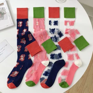 Women’s Retro Floral Sheer Crystal Silk Calf Socks Gentle Style Crew Socks