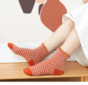 Women’s Ruffle Cotton Vintage Check Lace Trim Socks Kawaii Frilled Short Crew Socks for Girls