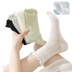 Women’s Ruffle Lettuce Edge Socks Cute Breathable Crew Socks Vintage Frilly Mesh Pointelle Socks for Girls JK Style