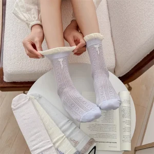 Women’s Ruffle Mid-Calf Socks Thin Breathable Hollow-Out Bowknot Embroidery Slouch Socks Sweet Mesh Casual Socks for Women