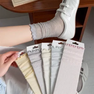 Women’s Ruffle Trim Slouch Socks Solid Color Hollow out Thin Knitted Jacquard Breathable Crew Socks for Spring