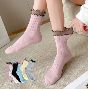 Women’s Ruffled Socks Sweet Style Frilled Socks Ins Style Pink Blue Block colored Crew Knitted Socks Bulk
