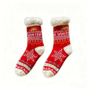 Women’s Santa Deer Pattern Socks Anti Slip Indoor Thermal Fuzzy Christmas Crew Knitted Sherpa Floor Winter Slipper Socks