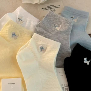 Women’s Seamless Single Needle Embroidered Puppy Animal Print Ankle Socks Spring Summer Thin Cotton Breathable Casual