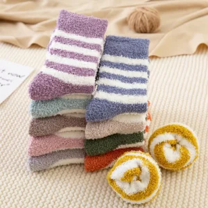 Women’s Slipper Socks with Stripes Design Fluffy Warm Sleep Socks for Winter and Autumn