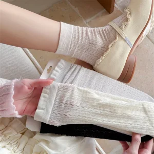 Women’s Slouch Socks Mesh Breathable Thin Knitted Mid-Calf Socks Fresh Solid Color Hollow-Out Socks for Spring and Summer