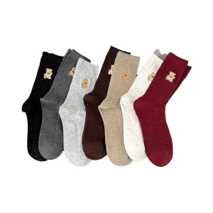 Women’s Socks Autumn Winter Dot Yarn Embroidery Cartoon Bear Over-Knee Comfortable Warm Versatile Slouch