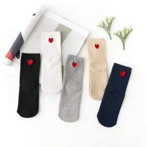 Women’s Socks Double Needle Embroidery Love Heart Tube Socks Pure Cotton Comfortable and Versatile Socks