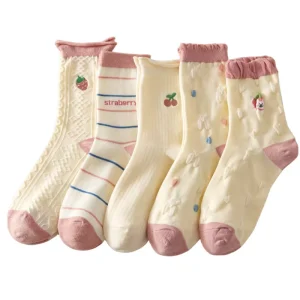 Women’s Socks With Wooden Ear Edges and Cotton Sleeves for Comfortable Breathable Cute Strawberries