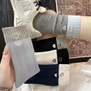 Women’s Socks with Color Blocked Vertical Stripes Heart shaped Embroidery Mid Tube Cotton Socks