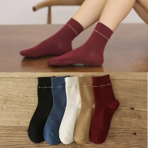 Women’s Solid Color Cotton Mid-Calf Socks Spring Summer Cute Long Socks Breathable Sweat-Absorbent