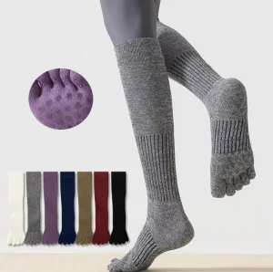Women’s Solid Color Knee High Anti Slip Socks Athletic for Yoga Pilates & Fitness Breathable Five Toes