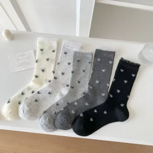 Women’s Solid Color Socks White Black Gray Bow Knot Pattern Fashionable Daily Knitted Soft Casual Crew Woman Sock