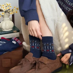 Women’s Spring Autumn and Winter Warm Fleece Mid-calf Socks in Red and Blue Little Bear Striped Pile Socks