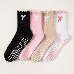 Women’s Spring Cotton Sports Socks Professional Anti-slip with Lace Bow for Fitness Yoga Running Pilates