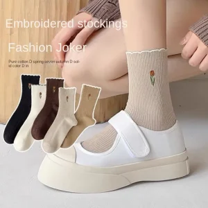 Women’s Spring Knitted Crew Length Anti-Bacterial Breathable Thin Solid Color Casual Sports Socks Spandex/Nylon/Cotton