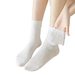 Womens Spring Solid Color Mid-Calf Anti-Slip Seamless Single Needle Combed Cotton Socks Japanese-Style Confinement Mesh Thin