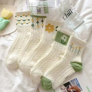 Women’s Spring Summer Crew Socks Knitted Anti-Slip Floral Design Polyester Cotton Trendy Japanese Style Your Own Socks