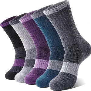 Womens Stripe Dress Merino Wool Hiking Socks Thermal Warm Winter Boot Crew Cushion Work Gift Socks 5 Pairs