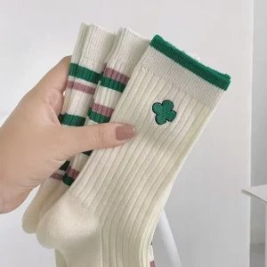 Women’s Striped Mid Tube Socks Four Leaf Clover Embroidery Designer Cotton Socks