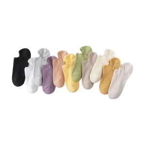 Women’s Summer Breathable Solid Colorful Combed Cotton Ankle Socks with Heel Anti slip Strip