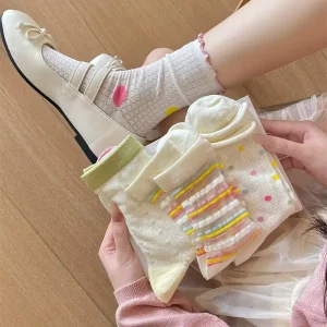 Women’s Summer Lightweight Breathable Round Dot and Stripe Mid-Calf Pile-Up Socks