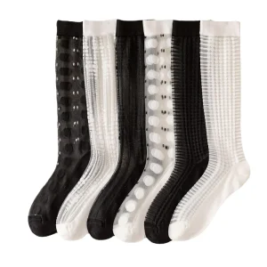 Women’s Summer Thin Crystal Short Knee High Silk Socks Anti-Slip Heart Shape Sheer Polka Dot Woven Techniques