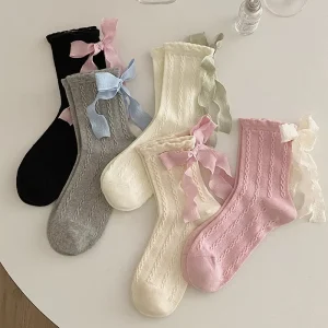 Women’s Summer Thin Heel strap Bow Knitted Breathable Casual Socks Sweat Absorbent Mid Calf Sweet Girly Lolita Herringbone
