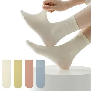 Women’s Summer Thin Ice Nylon Printed Socks Cool Breathable Deodorant Anti Slip Solid Color Seamless All Match Mid Calf