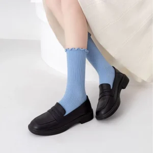 Women’s Summer Thin Lace Edge Socks Black White Knitted for Small Leather Shoes Short