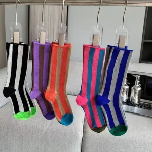 Women’s Summer Thin Middle Tube Striped Socks Ins Style Color Matching Trendy Lyocell Socks Colorful Pile Socks