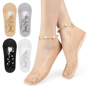 Women’s Summer Thin Pearl Boat Socks Comfort Insoles with Deep Mouth Lace Invisible Design that Will Not Drop Heels