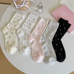 Women’s Sweet Floral Sheer Socks Summer Thin Breathable Mesh Socks Transparent Glass Silk Slouchy Stacked Mid-Calf Socks