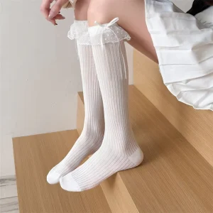 Women’s Sweet Knee high Slouch Socks Bowknot Thin Knit Lace Trim Princess Long Socks